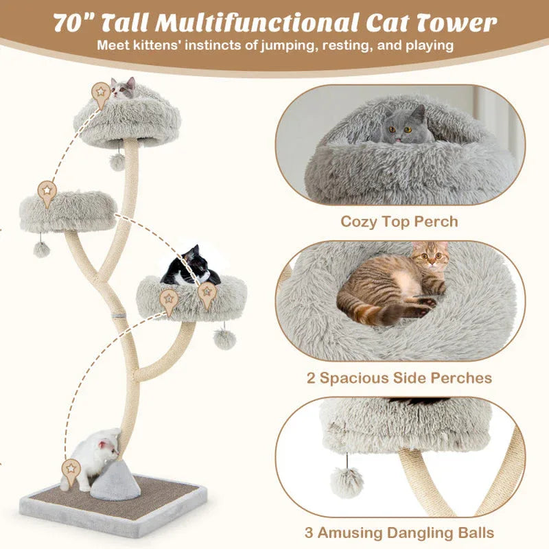 70" Metal Cat Tree Tower with 3 Plush Perches 7 - MiniPaw Luxe