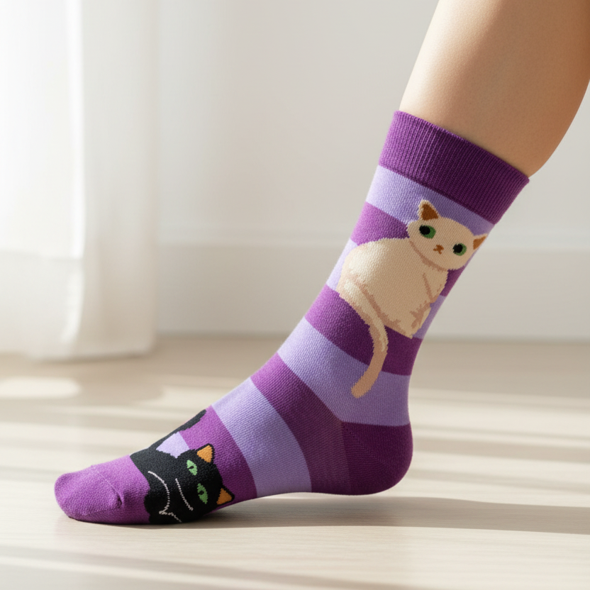 Purple Striped Socks | White Cat Black Cat