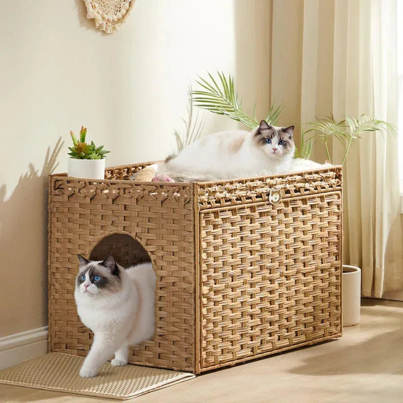 Boho Handwoven Rattan Hidden Litter Box 3 - MiniPaw Luxe