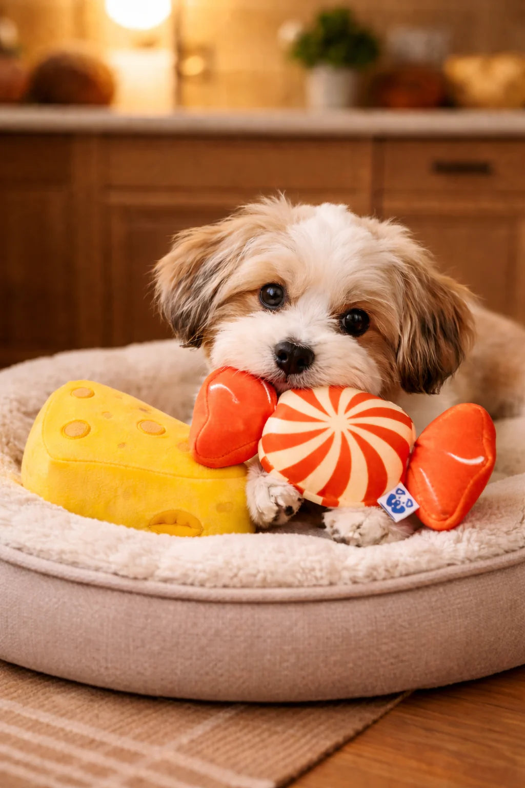 Small dog with colorful toys in a pet bed in a home setting
