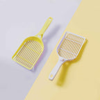 Yellow and white pet scoops on a two-tone background