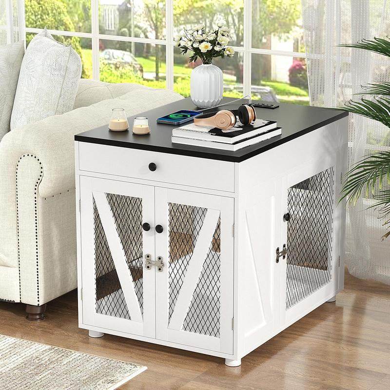 Furniture-Style Wooden Dog Crate End Table | USB Charging, Storage Drawer, & Double Latch 1 - MiniPaw Luxe