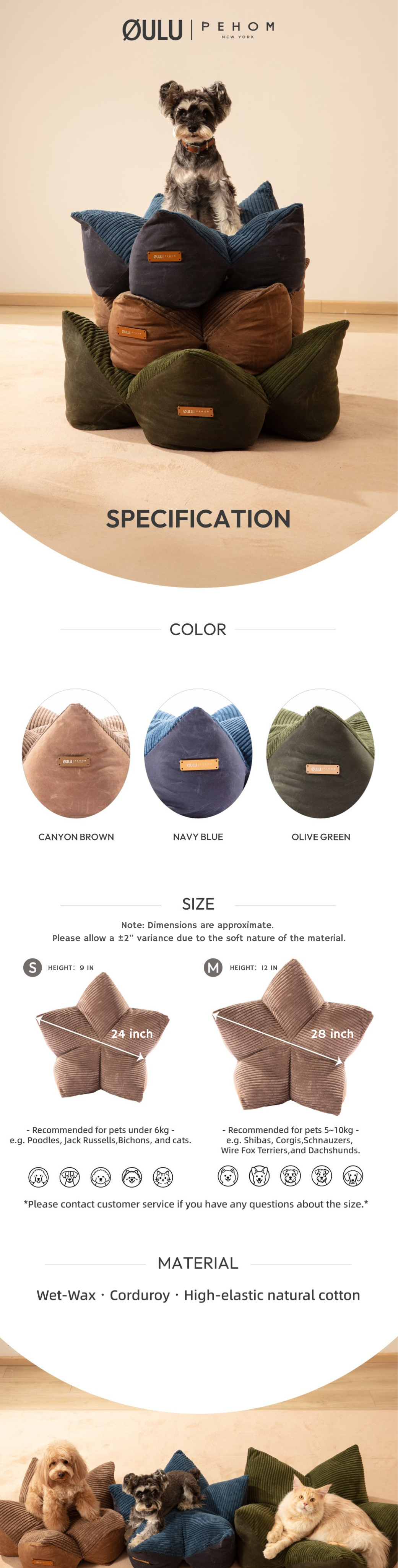 OULU X PEHOM - CUDDLE PET PILLOW BED | Navy Blue / Olive Green / Canyon Brown 20 - MiniPaw Luxe