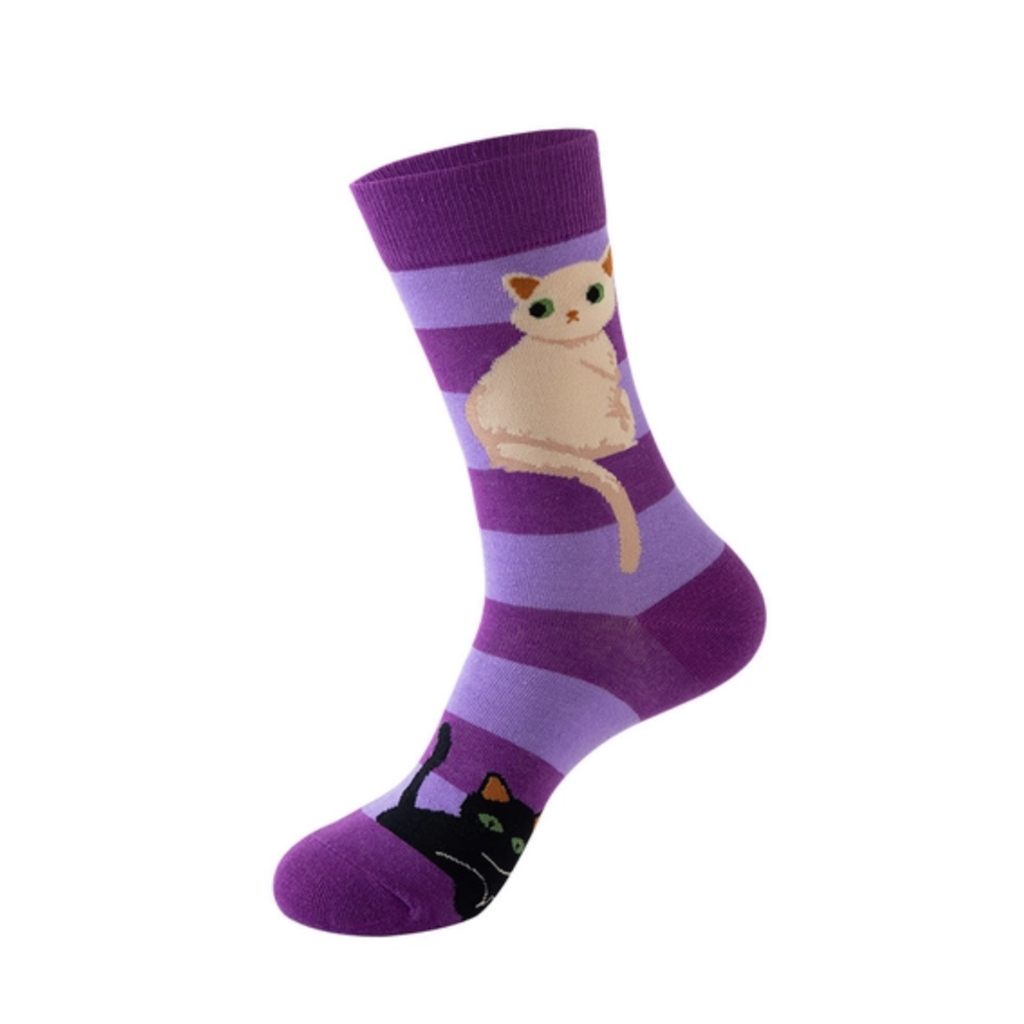 Purple Striped Socks | White Cat Black Cat
