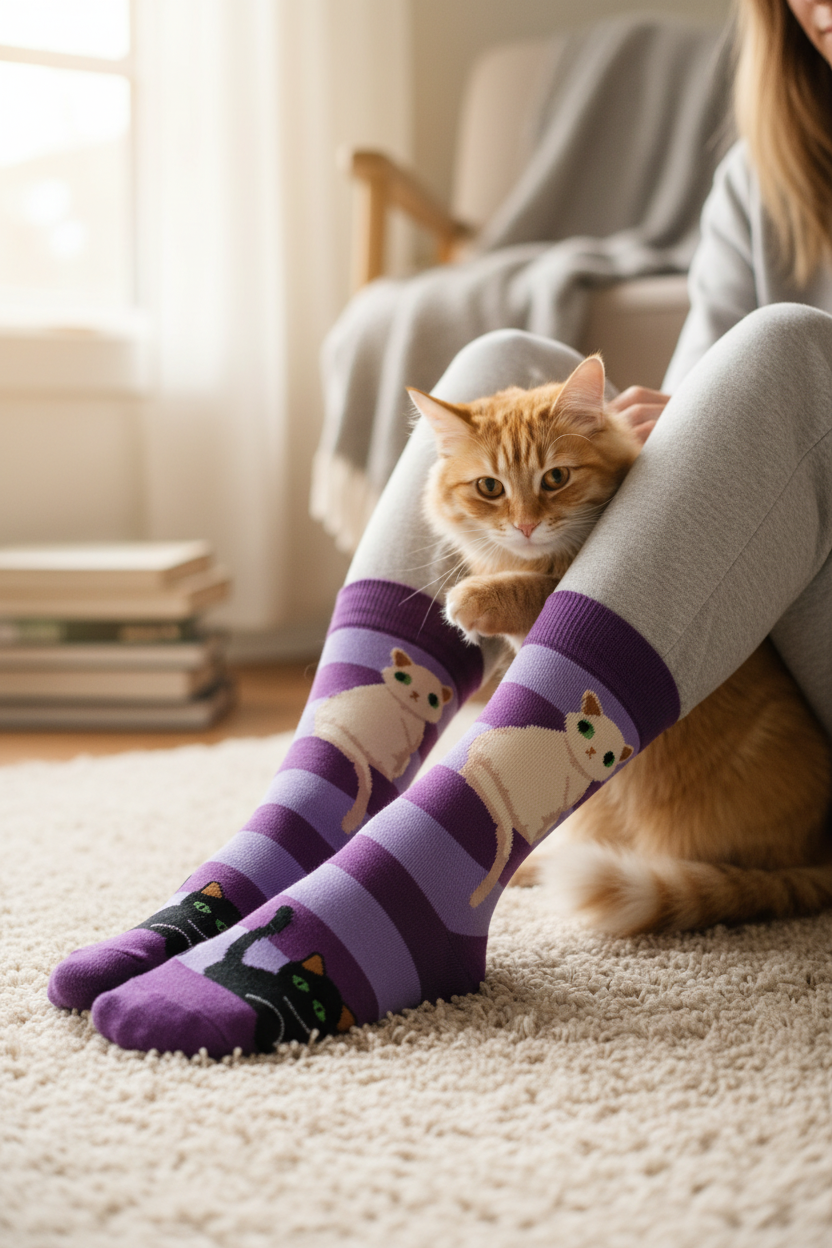 Purple Striped Socks | White Cat Black Cat