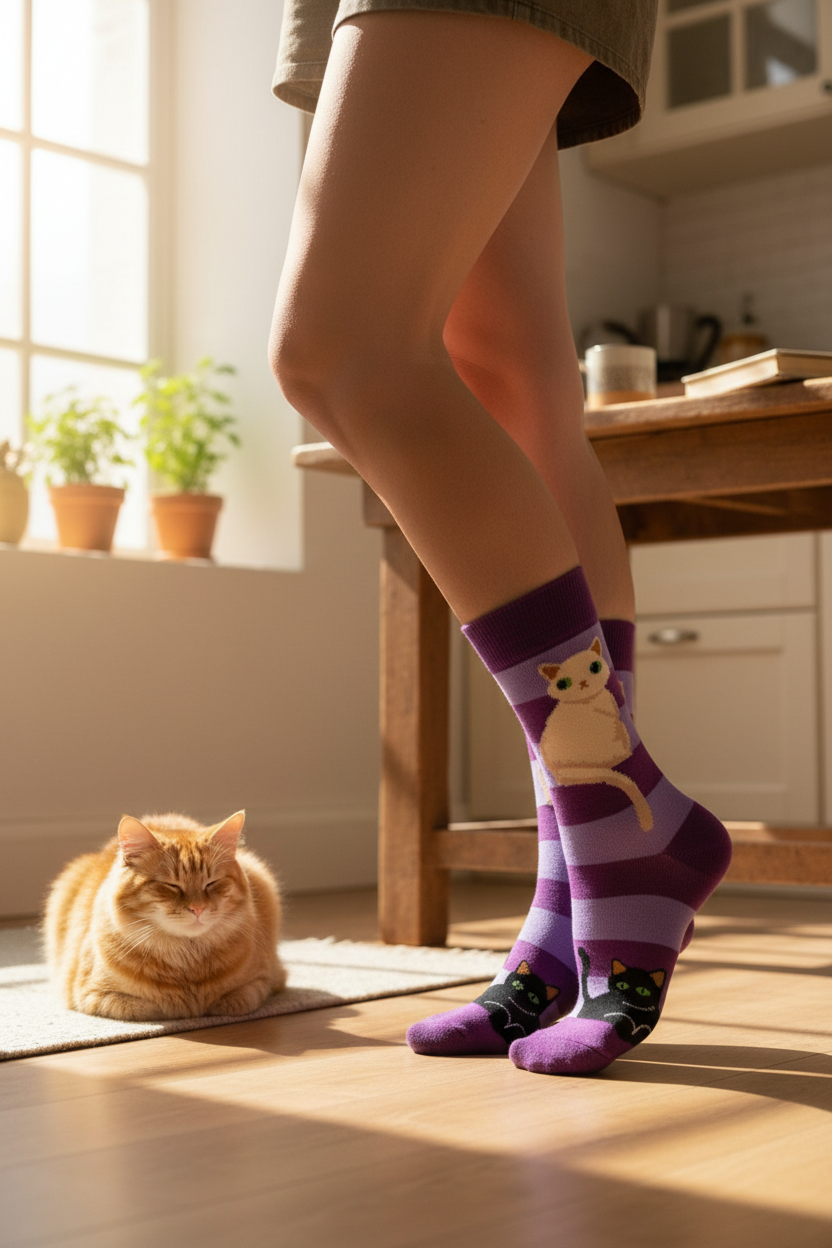 Purple Striped Socks | White Cat Black Cat