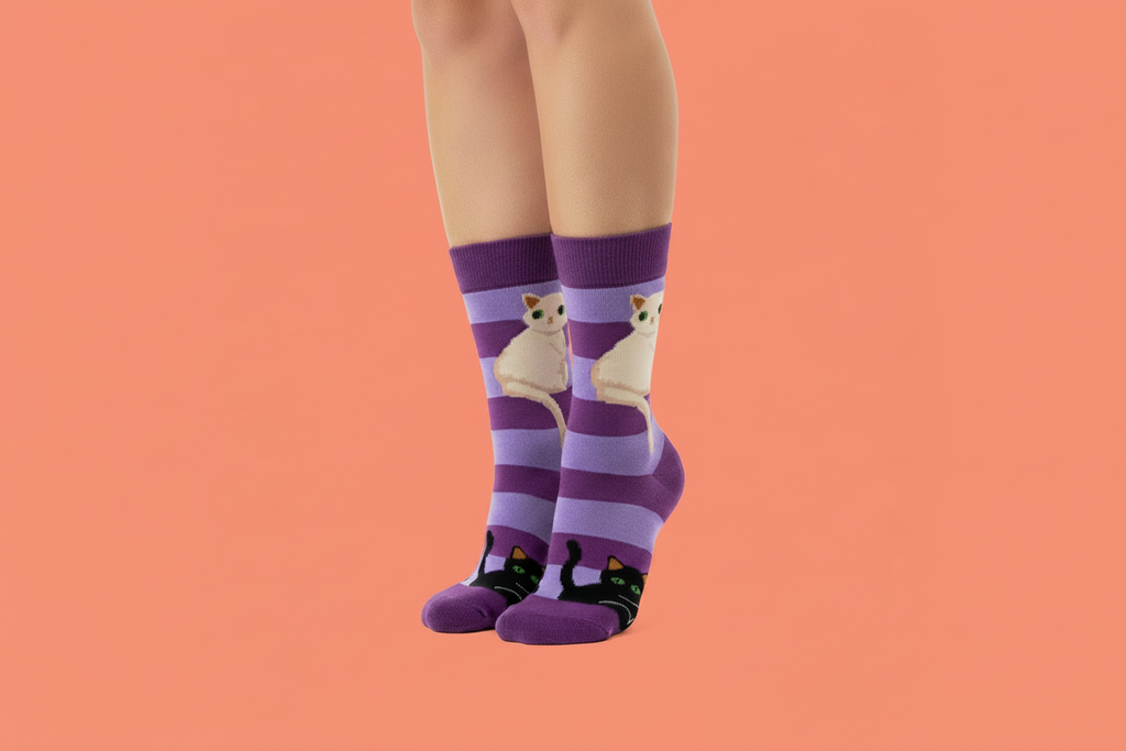 Purple Striped Socks | White Cat Black Cat