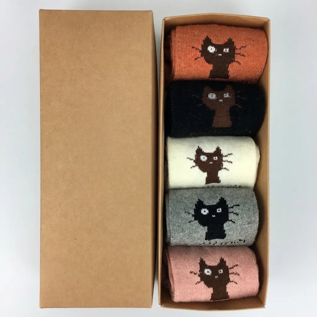 Wool Blend Crew CAT Socks | GIFT SET of 5 pairs
