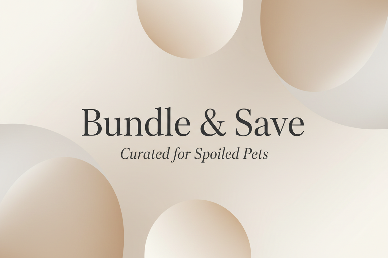 Text 'Bundle & Save Curated for Spoiled Pets' on a light beige background with abstract shapes.