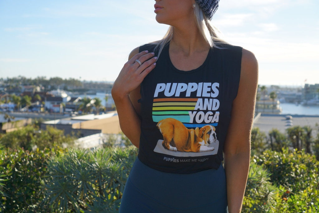 Puppies & Yoga Crop Tank | Bright Colors | Gift for Dog Moms Who Do Yoga | Made in USA